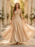 Luxury Gold Tulle Prom A Line Floor Length V Neck Beaded Bodice Gown front view