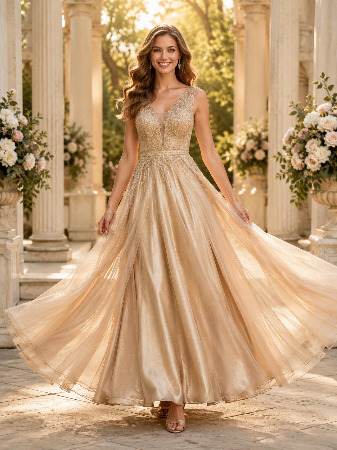 Luxury Gold Tulle Prom A Line Floor Length V Neck Beaded Bodice Gown front view