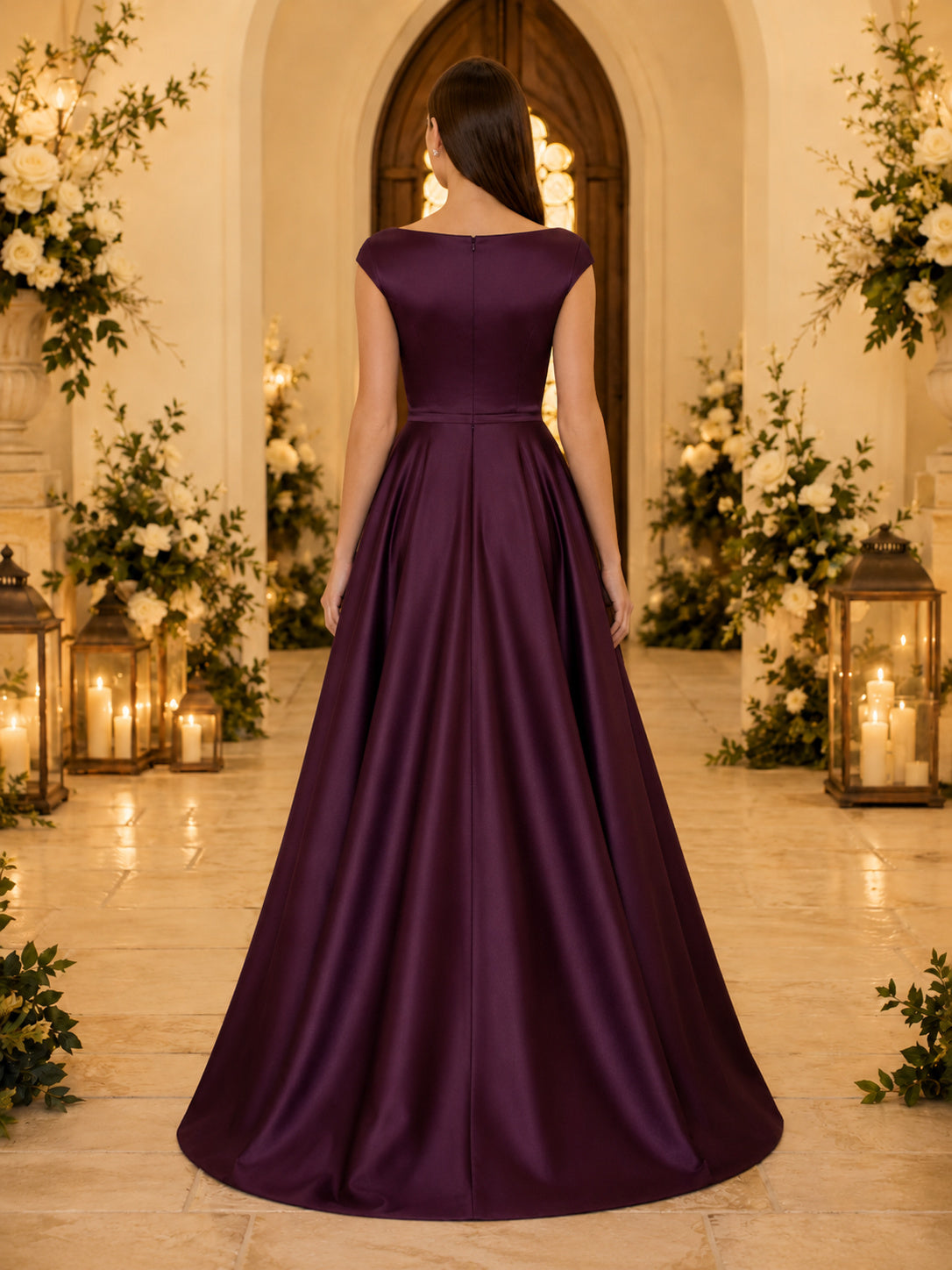 Plum Bateau Cap Sleeve Satin A-Line Wedding Dress back view