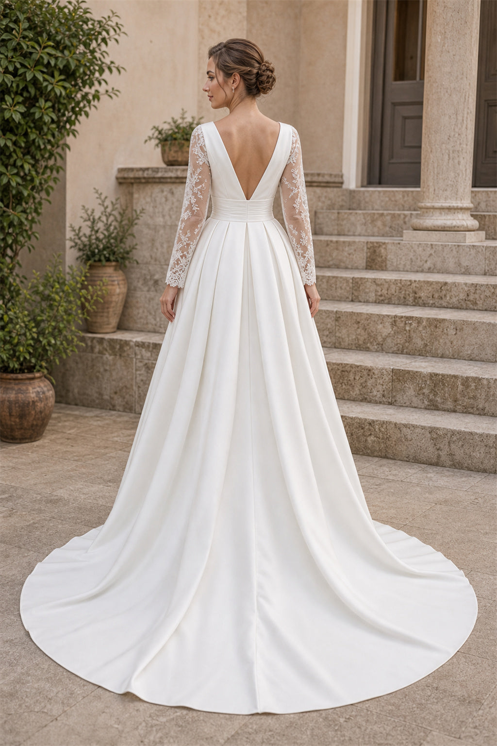 White Sweetheart A-Line Crepe Floor-length Wedding Dress With Open Back and Lace Bodice and Open Back