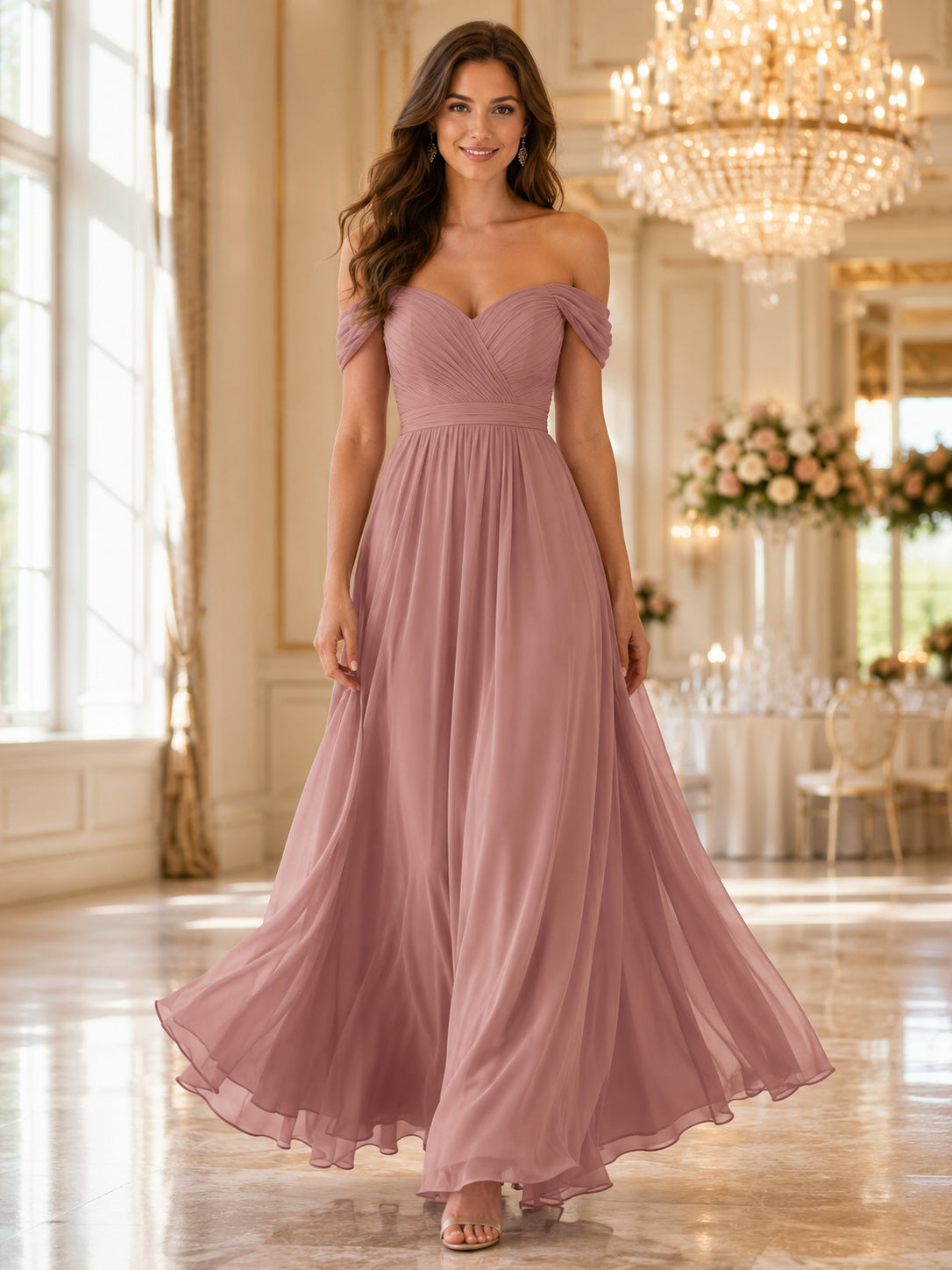 Black Tie Formal Dusty Rose Romantic Elegant A-Line Chiffon Bridesmaid Dress with Off Shoulder Sweetheart Short Sleeve Floor-