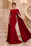 Red Bateau Long Sleeve Mermaid Evening Gown With Dramatic Side Cape Panels Evening Dress front view