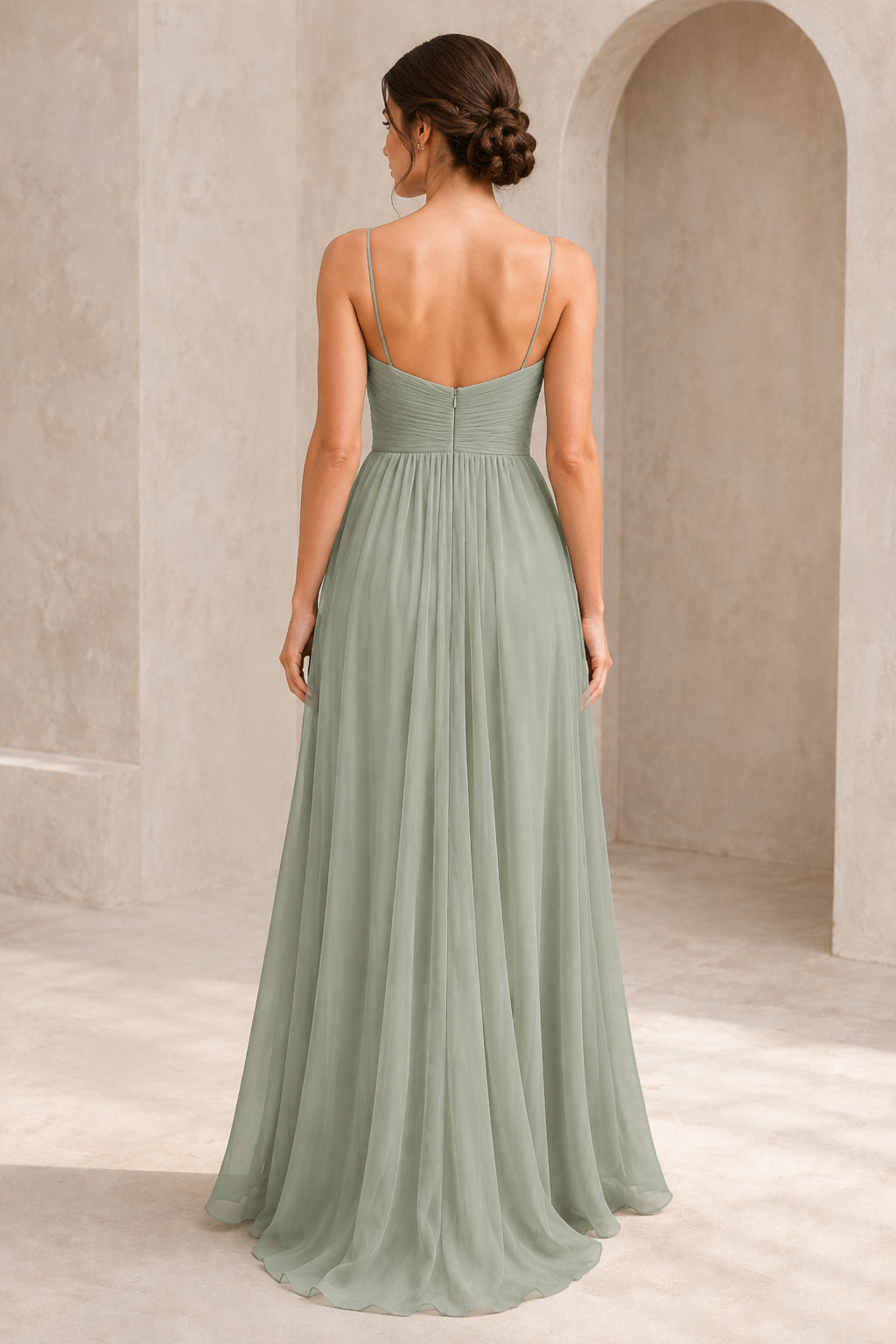 Sage Spaghetti Strap Sweetheart Chiffon A-Line Bridesmaid Dress with Pleated Bodice back view