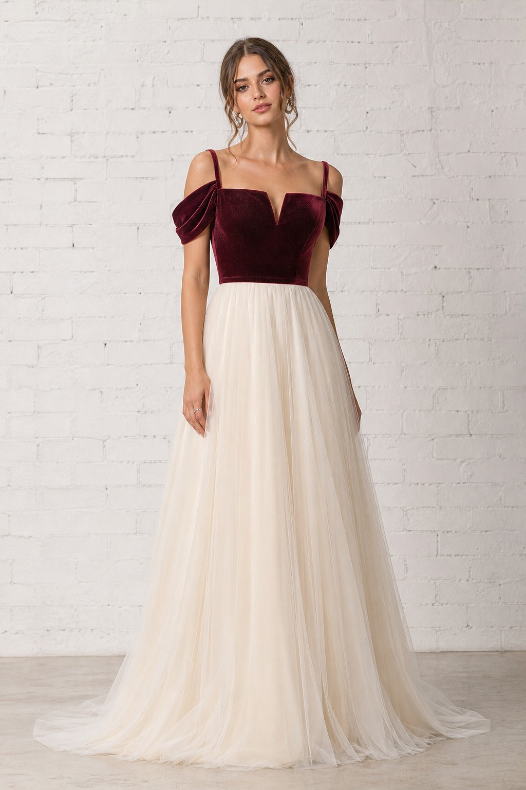 Burgundy Off-the-Shoulder Floor-Length Tulle A-Line Dress