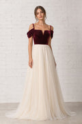 Burgundy Off-the-Shoulder Floor-Length Tulle A-Line Dress