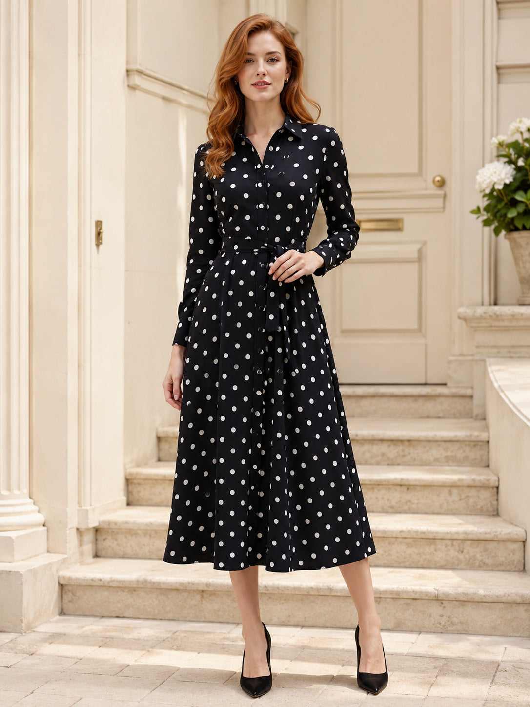 Black Polka Dot Shirt Collar Long Sleeve Midi Dress front view