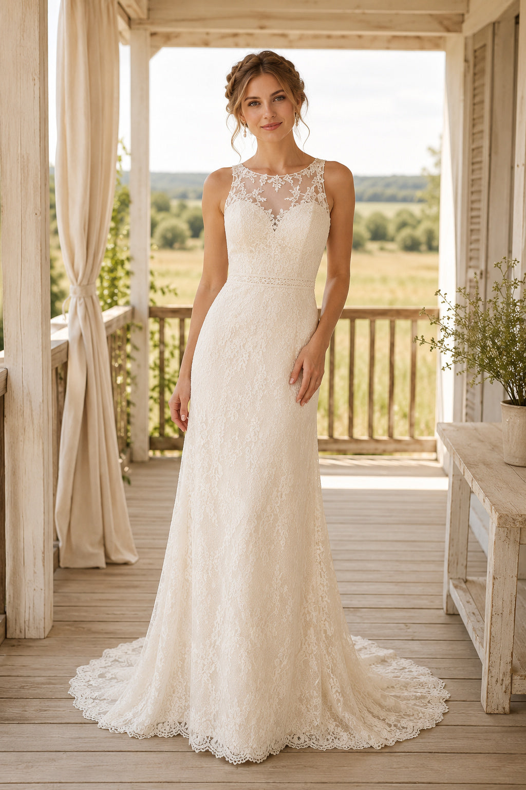 Ivory Jewel Neck Sleeveless Lace Sheath Wedding Dress with Illusion Back and Train front view