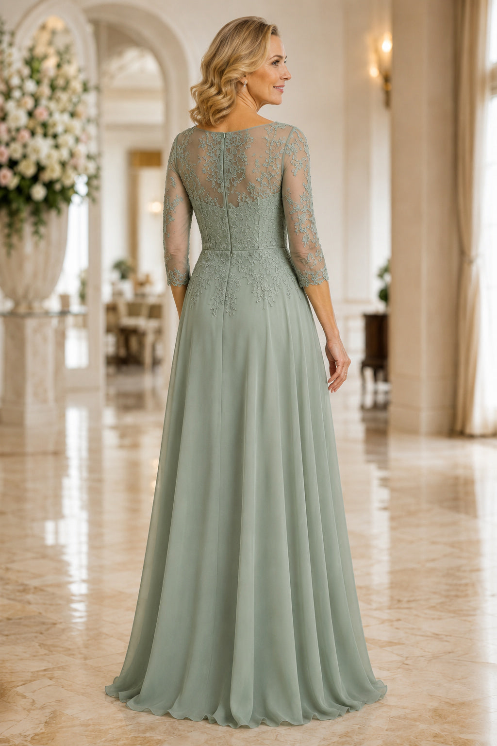 Sage V-Neck Chiffon A-Line Mother Dress with Lace Three Quarter Sleeves back view