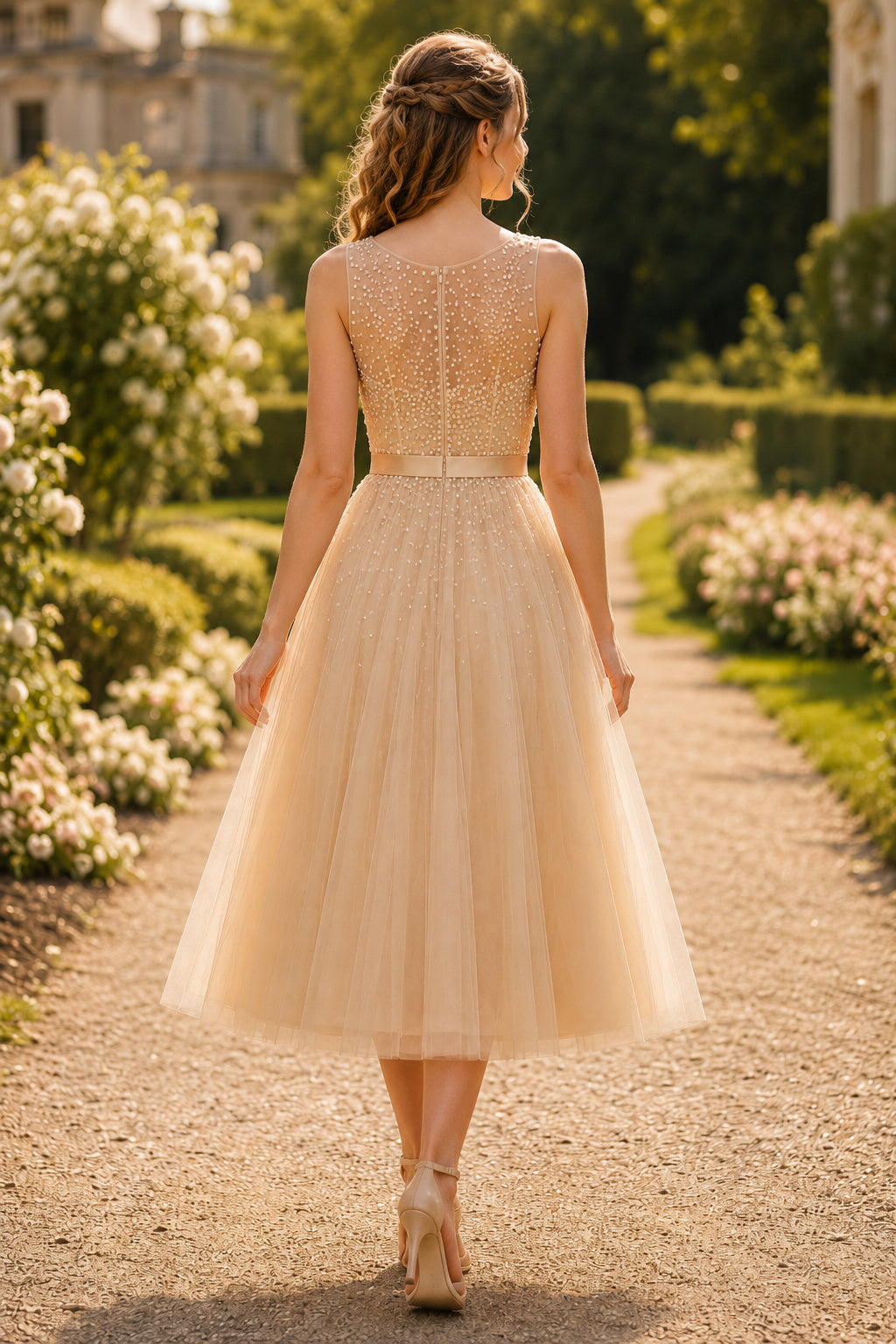 Champagne Lace Cap Sleeve Tea-Length Dress with Full Tulle Skirt back view