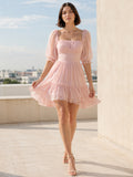 Blush Pink Puff Sleeve Tiered Short Mini A Line Dress front view