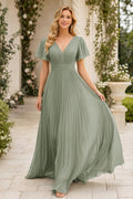 Sage V-Neck Chiffon A-Line Bridesmaid Dress with Flutter Sleeves and Pleated Skirt front view