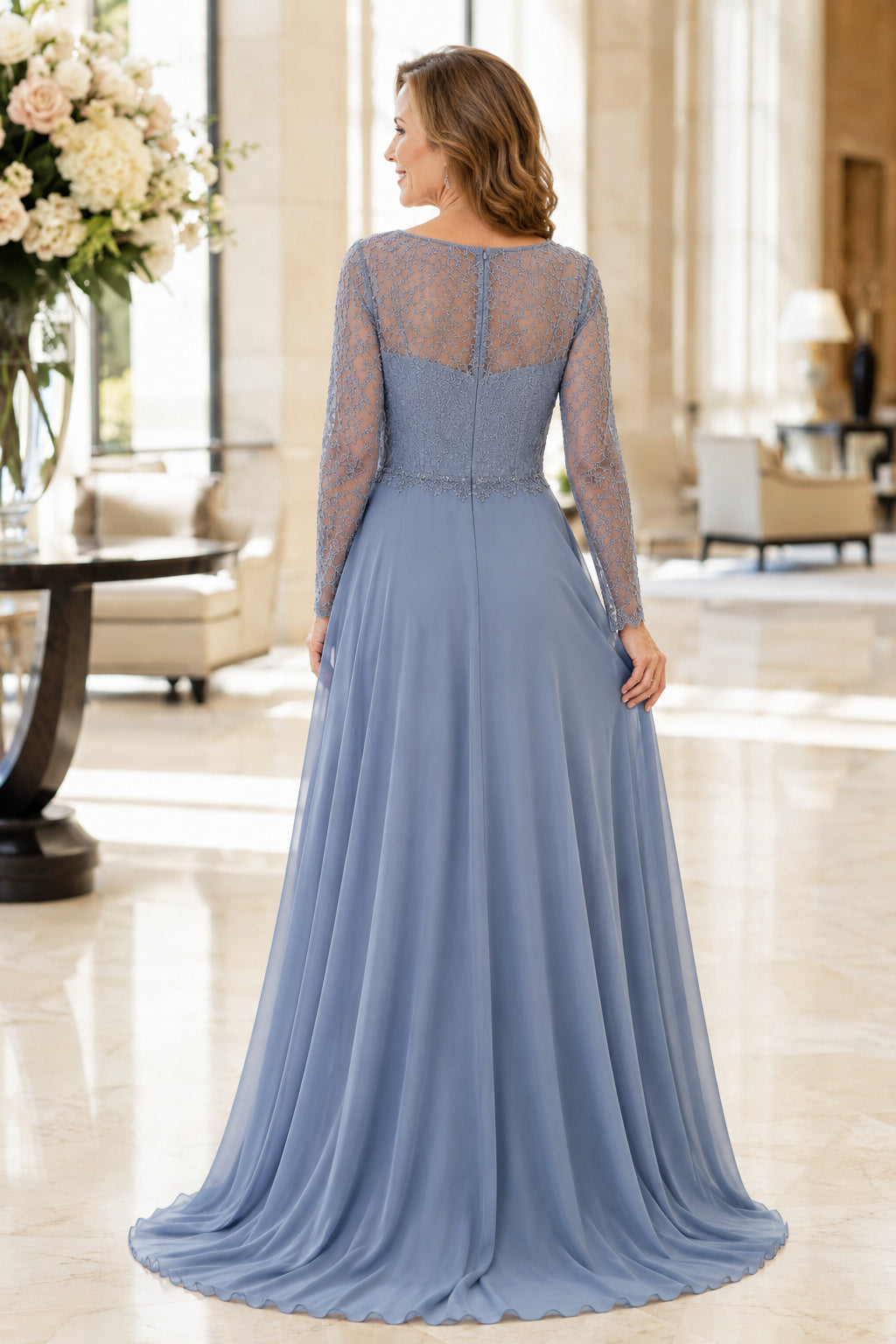 Steel Blue Long Sleeve Chiffon A-Line Mother Dress with Lace Illusion Bodice Style MG_300355 back view