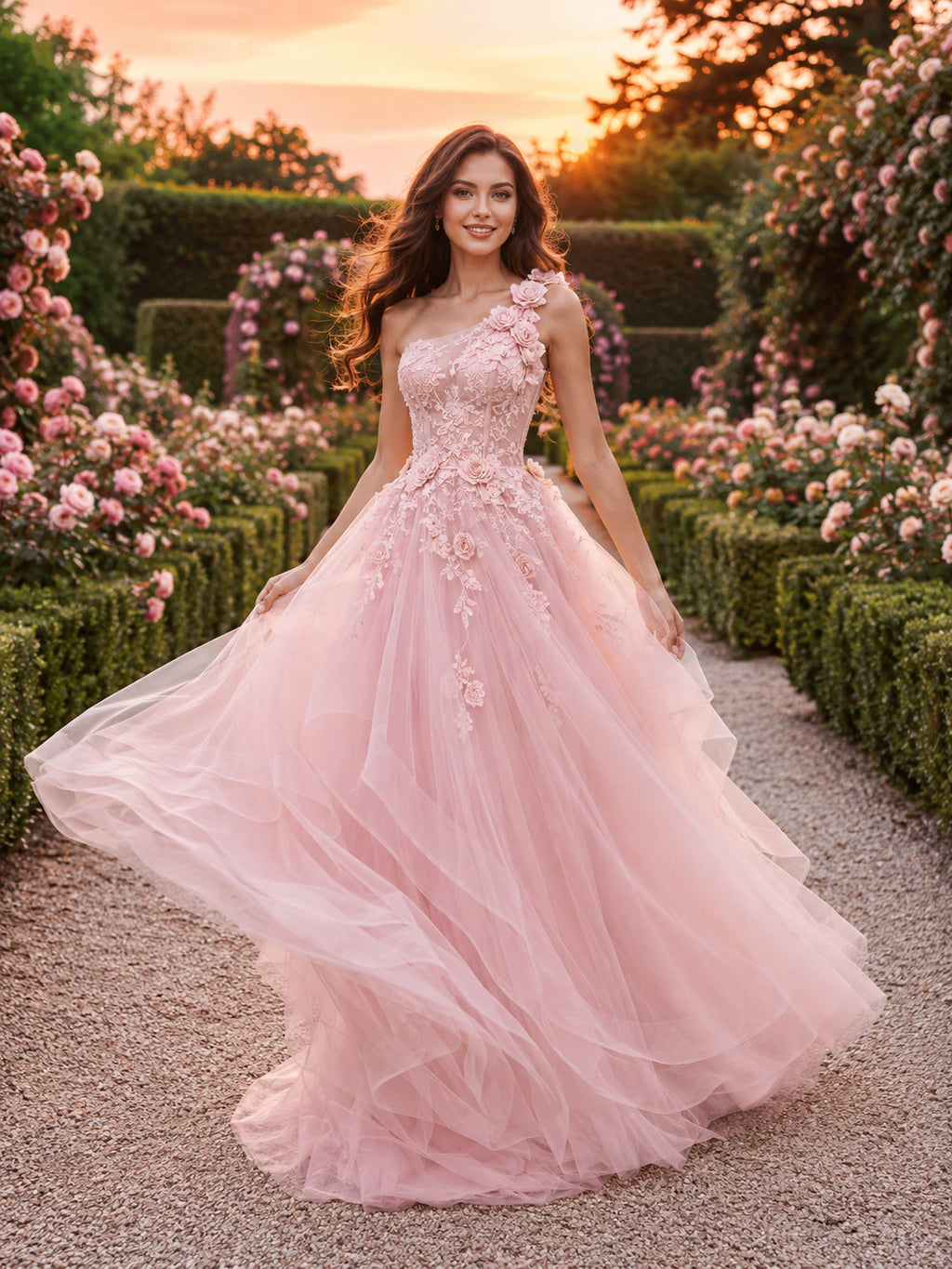 Pink Floral One-Shoulder Tulle Rose Garden Wedding Gown front view