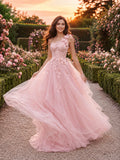 Pink Floral One-Shoulder Tulle Rose Garden Wedding Gown front view