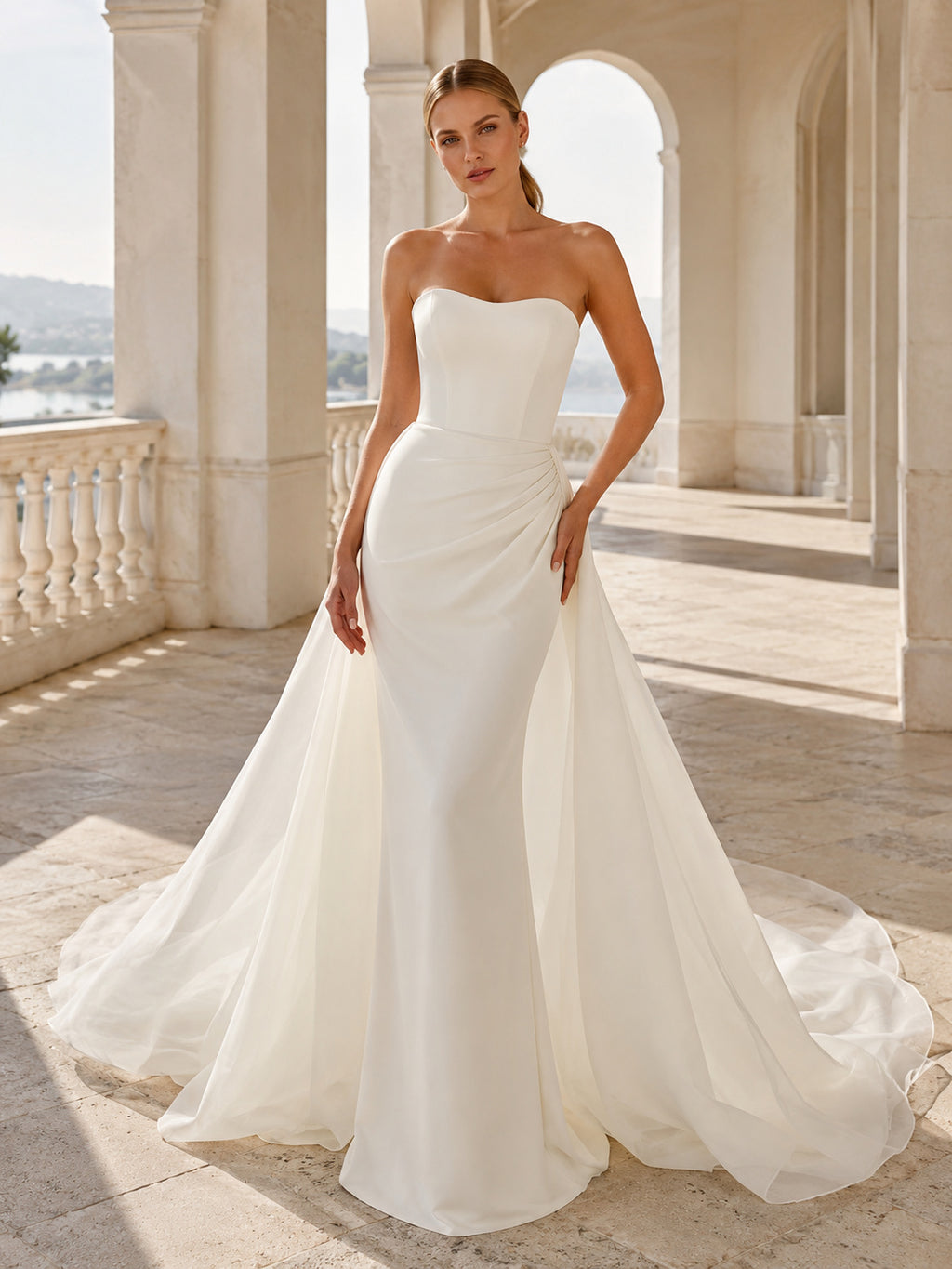 Tulle Wedding Dress Sheath Strapless Sweep Train Ruffle Detail Low V Back Bridal Gown front view