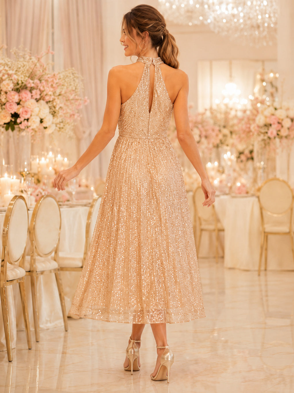 Champagne Halter Neck Pleated Sequin Tea Length Guest Dress back view