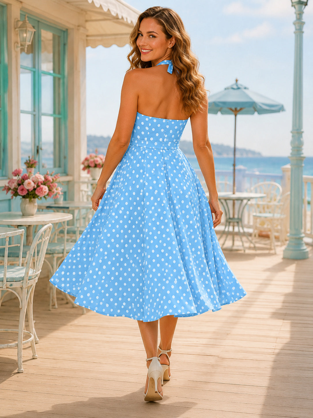 Sky Blue Polka Dot Strapless Sweetheart Swing Midi Dress back view