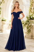 Dark Navy Off-the-Shoulder Chiffon A-Line Bridesmaid Dress with Pleated Bodice front view