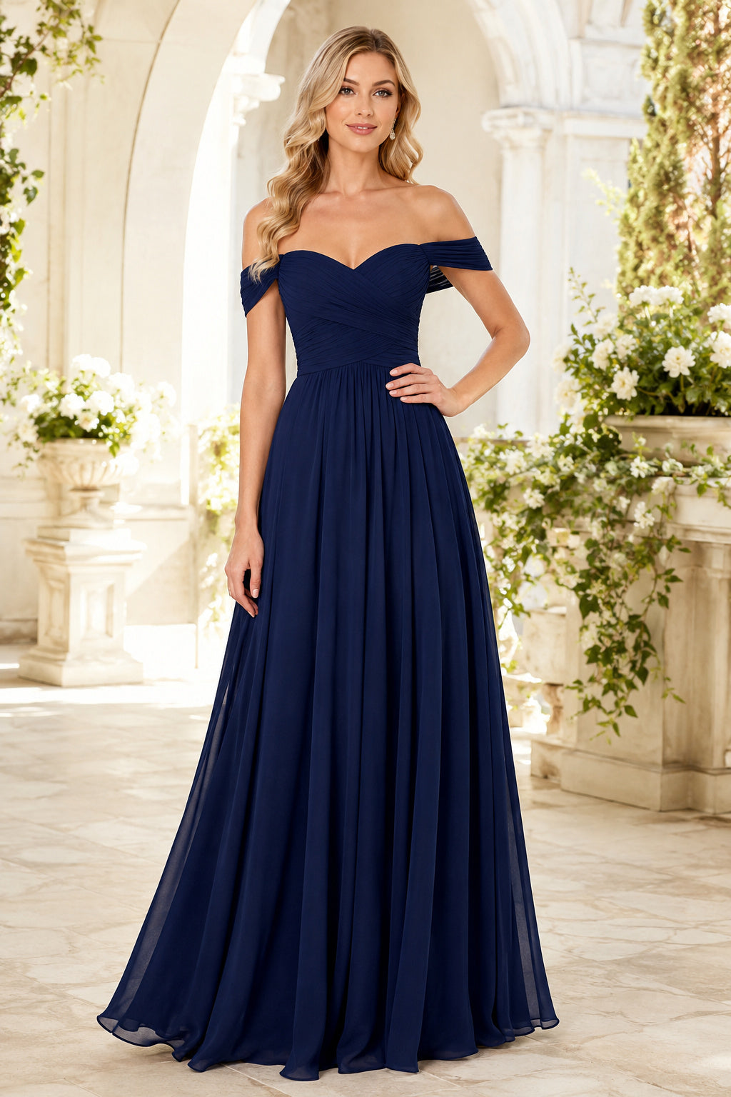 Dark Navy Off-the-Shoulder Chiffon A-Line Bridesmaid Dress with Pleated Bodice front view