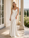 Simple Satin Wedding Dress Sheath Cowl Neck Spaghetti Strap Sleeveless Sweep Train Low V Back Bridal Gown front view