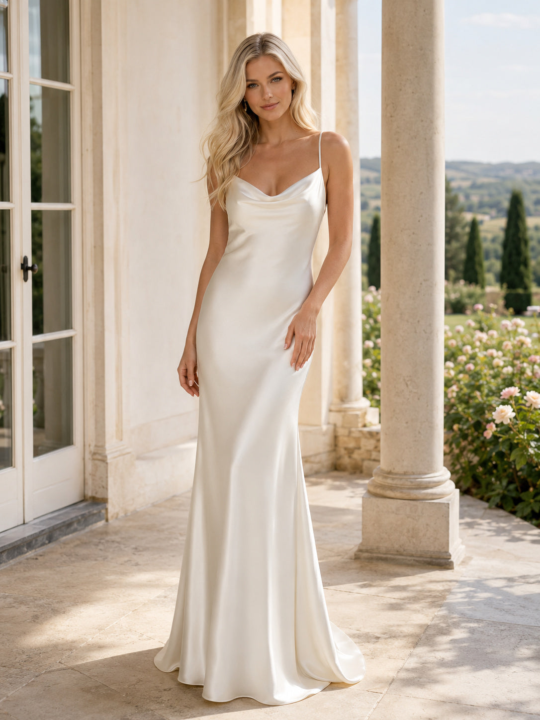 Simple Satin Wedding Dress Sheath Cowl Neck Spaghetti Strap Sleeveless Sweep Train Low V Back Bridal Gown front view