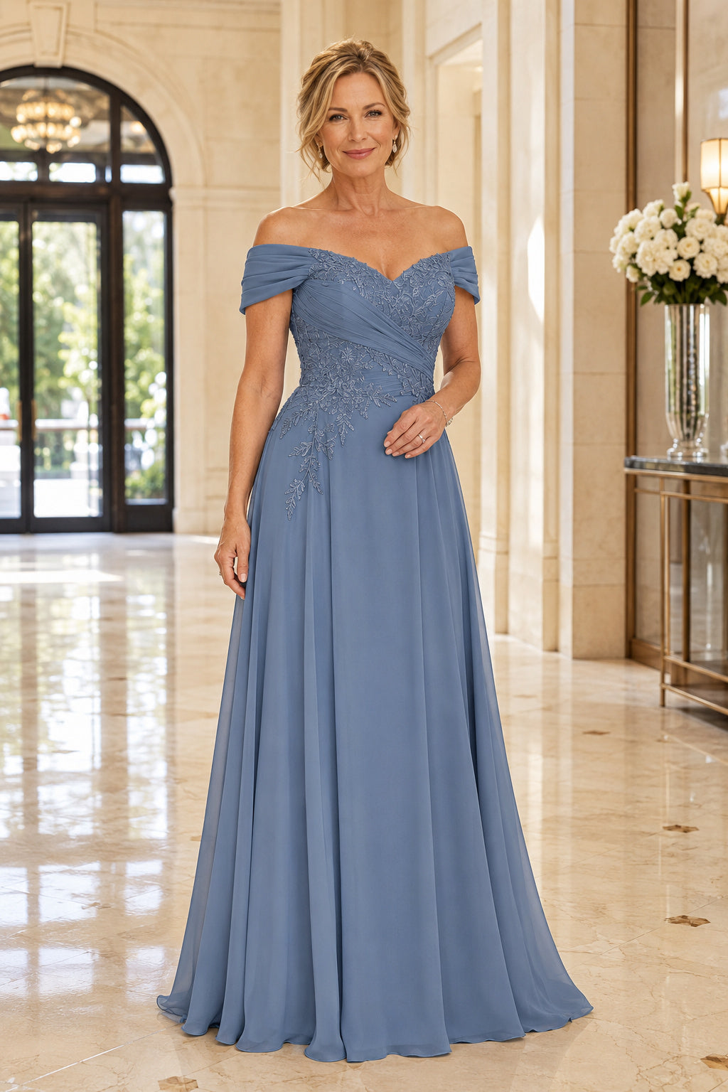 Steel Blue Off Shoulder Chiffon A-Line Mother Dress with Beaded Lace Bodice front view