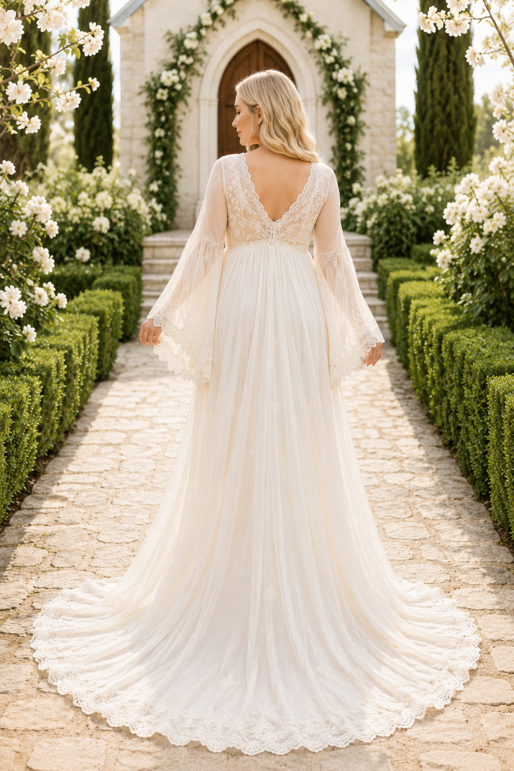 Ivory Long Puff Sleeve Chiffon Maternity Wedding Dress with V-Neck and Train back view