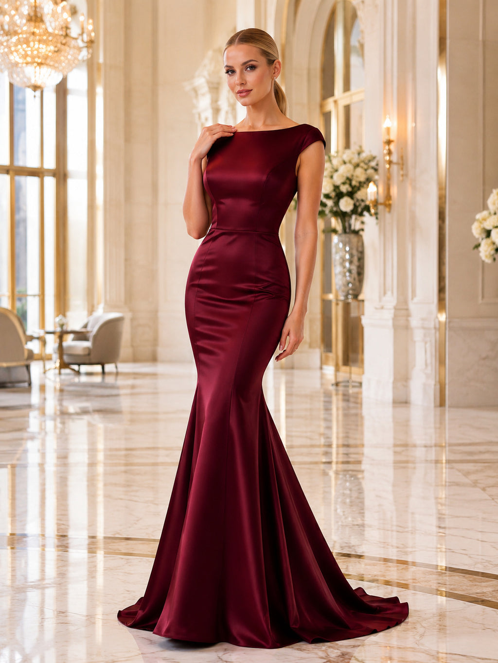 Burgundy Satin Mermaid Gown With Illusion Back front view