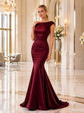 Burgundy Satin Mermaid Gown With Illusion Back front view