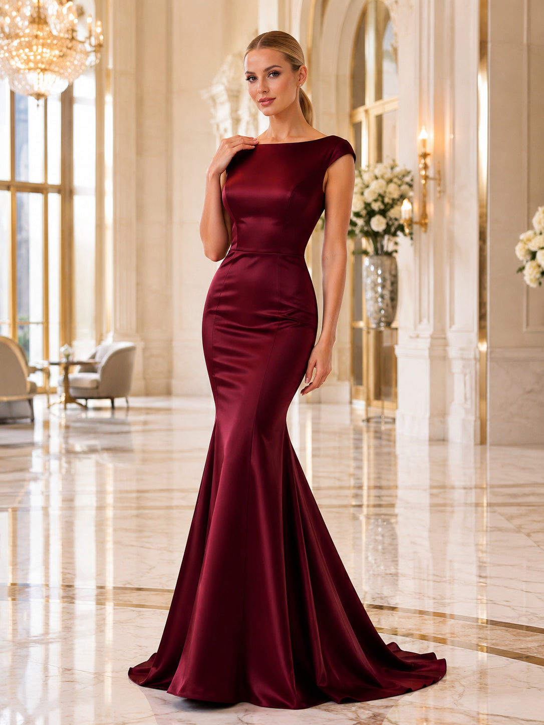 Burgundy Satin Mermaid Gown With Illusion Back front view