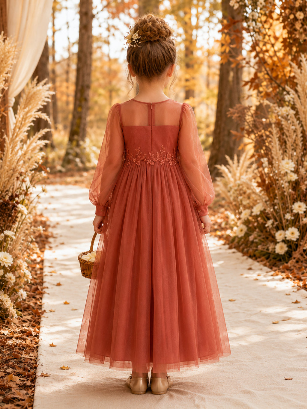 Flower Girl Dress A-Line Papaya Chiffon Long Sleeve Fall Ceremony back view