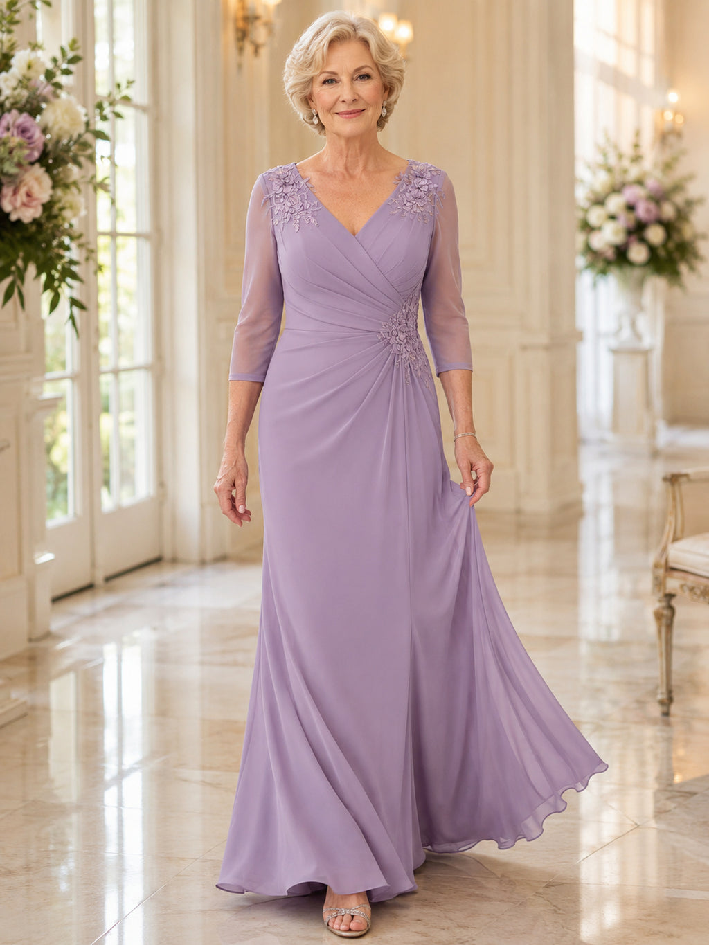 Lavender V neck long sleeve chiffon A line grandmother gown front view