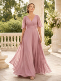 Dusty Rose Mature V-neck Flutter Sleeve Evening Gown front view