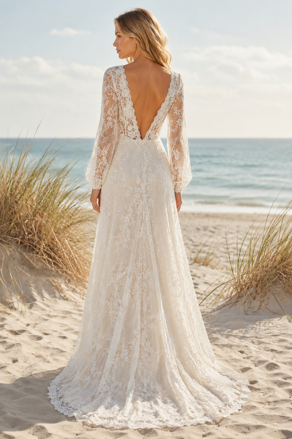 Ivory Long Sleeve V-Neck Lace A-Line Wedding Dress Low Back Train for Bridal Ceremony and Reception back view