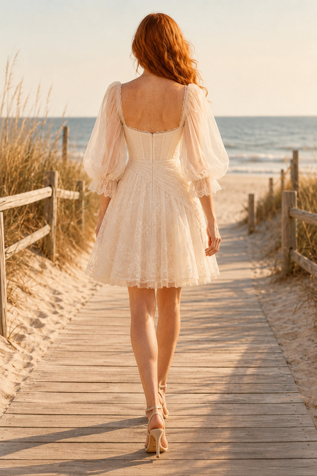 Ivory Sweetheart Sheer Long Sleeve Tulle Mini Reception Dress for Wedding Reception and Party back view