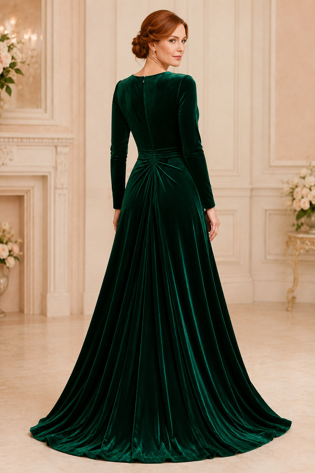 Dark Green Long Sleeve Velvet A-Line Evening Dress with V-Neckline back view