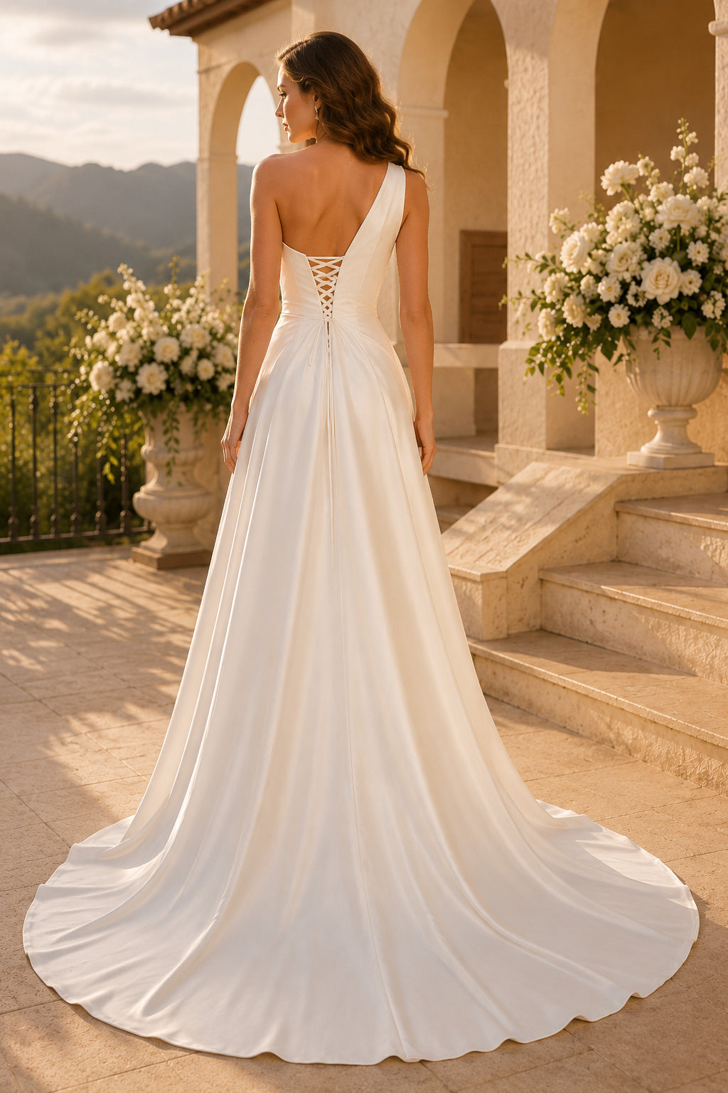 Satin Wedding Dress Mermaid One Shoulder Sleeveless Sweep Train Bridal Gown Style 721274 back view