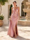 Dusty Rose Satin Cowl Neck Summer Slit Gown front view