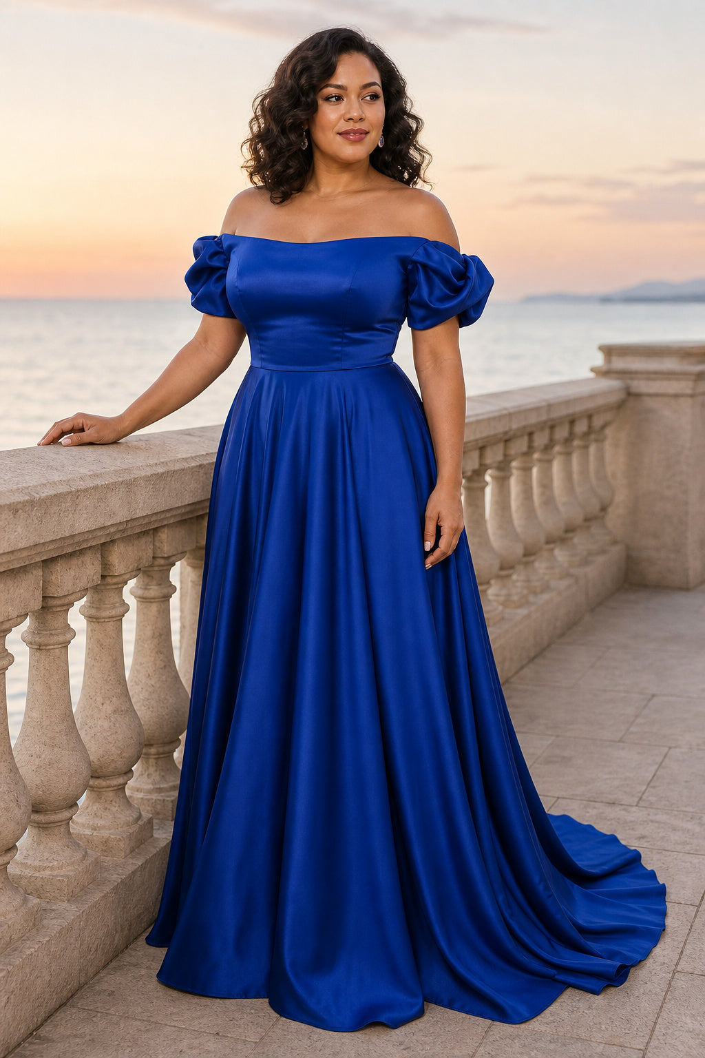 Royal Blue Off-the-Shoulder A-Line Chiffon Floor-Length Dress With Puff Sleeves