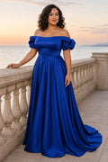 Royal Blue Off-the-Shoulder A-Line Chiffon Floor-Length Dress With Puff Sleeves