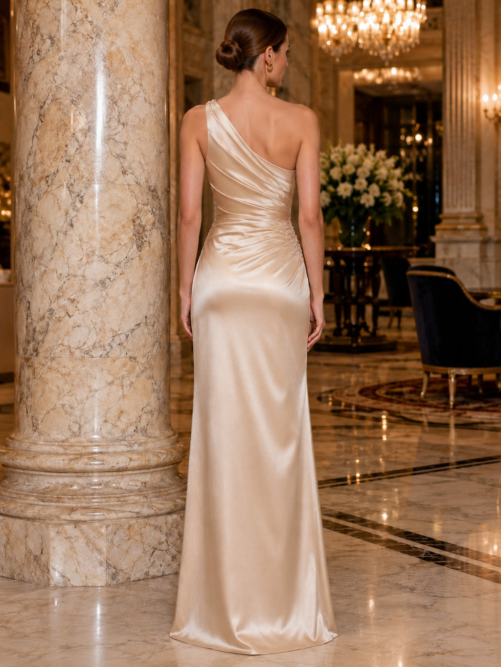 Champagne one shoulder draped satin floor length sheath gown back view