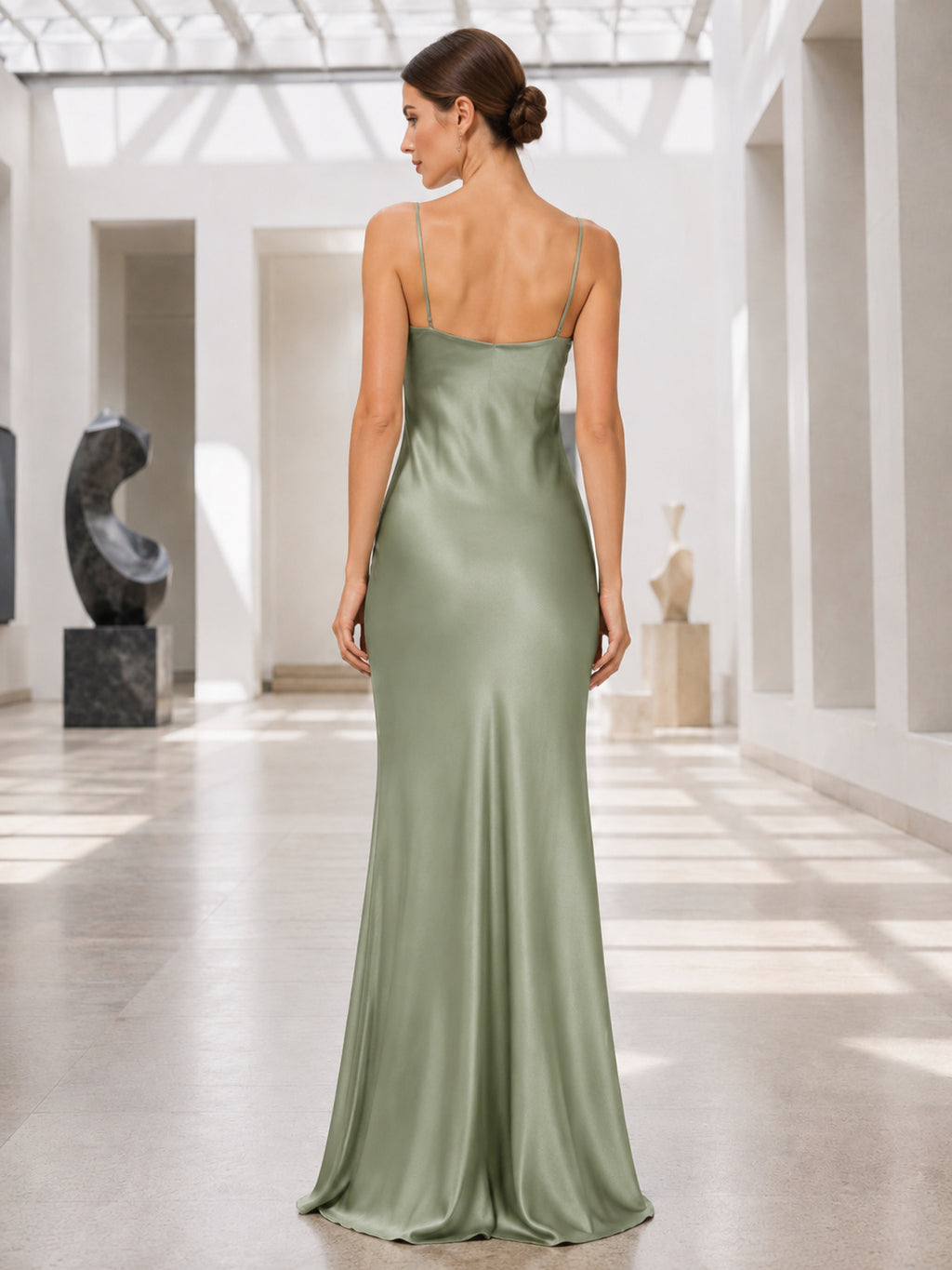 Museum Formal Sage Simple Elegant Modern Sheath Satin Bridesmaid Dress with Cowl Neck Spaghetti Straps Sleeveless Floor-Lengt
