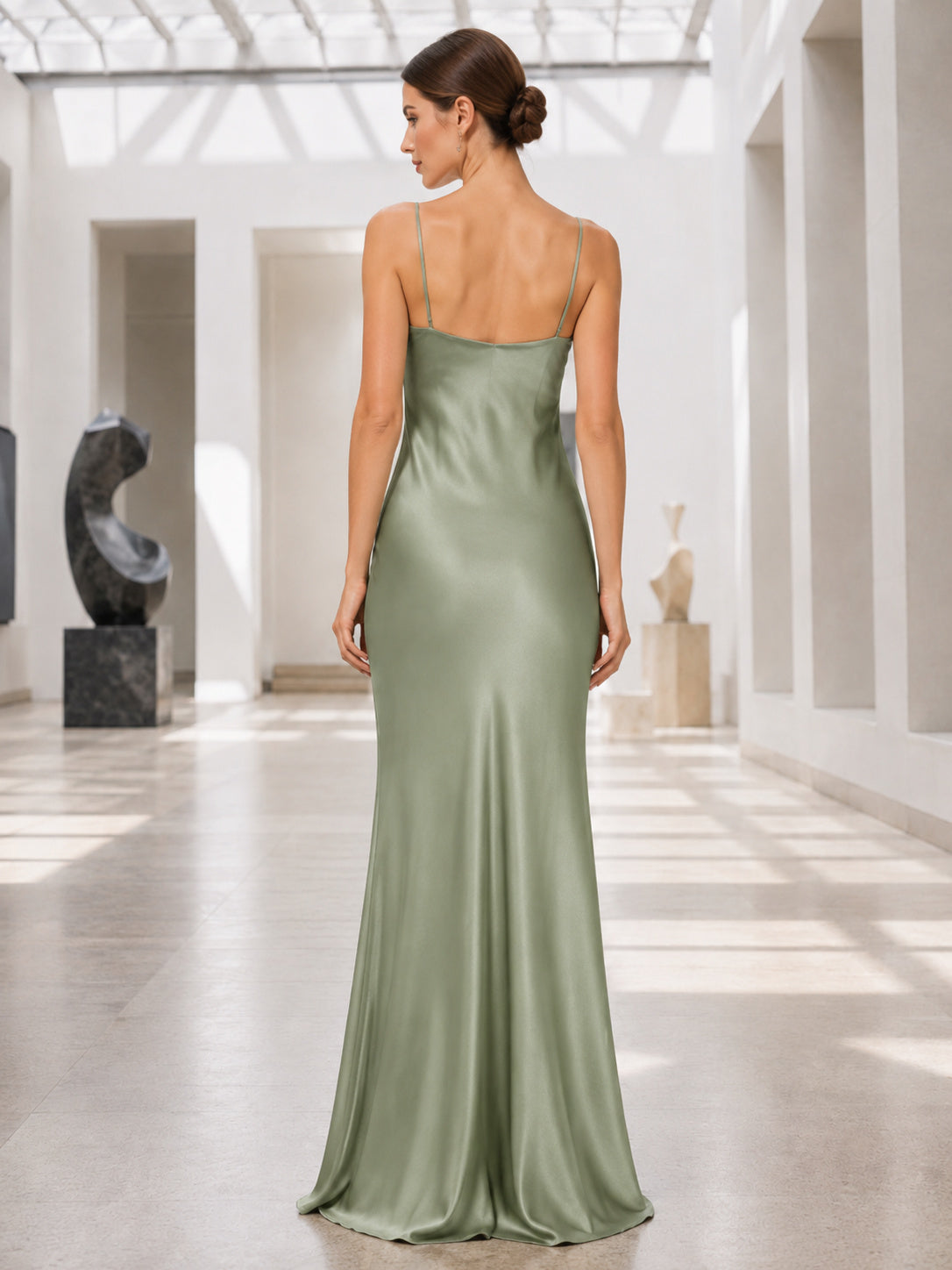 Museum Formal Sage Simple Elegant Modern Sheath Satin Bridesmaid Dress with Cowl Neck Spaghetti Straps Sleeveless Floor-Lengt