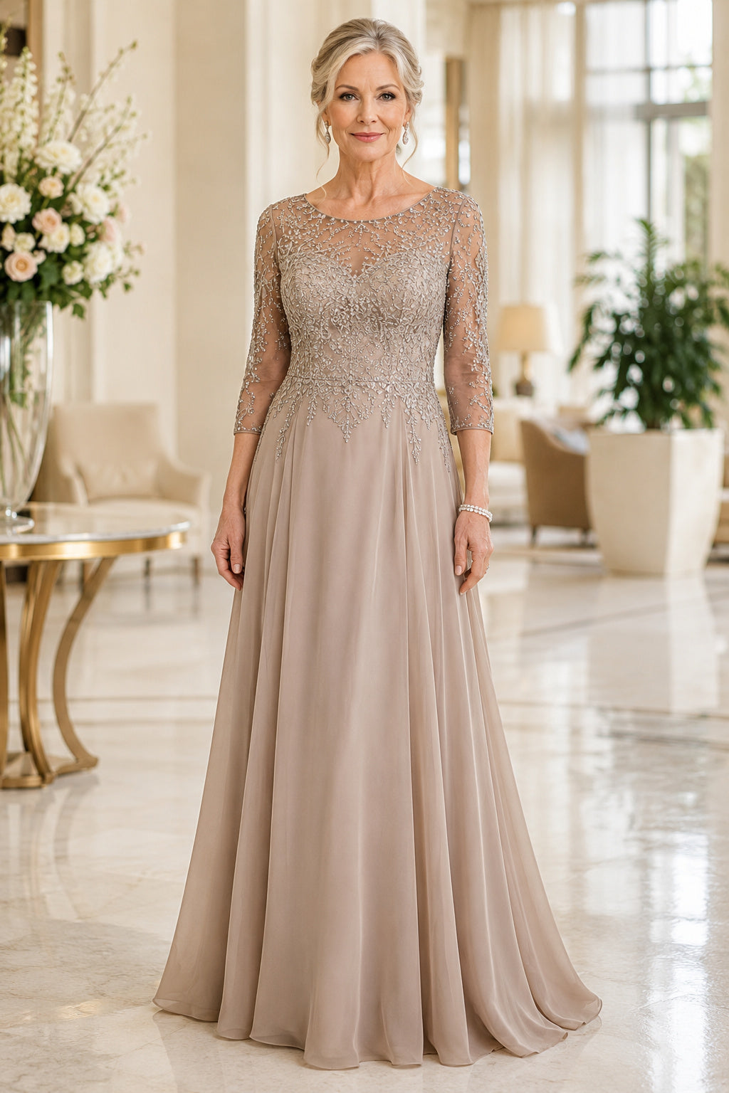 Taupe Chiffon A-Line Mother Dress with Beaded Illusion Three Quarter Sleeves front view