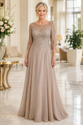 Taupe Chiffon A-Line Mother Dress with Beaded Illusion Three Quarter Sleeves front view