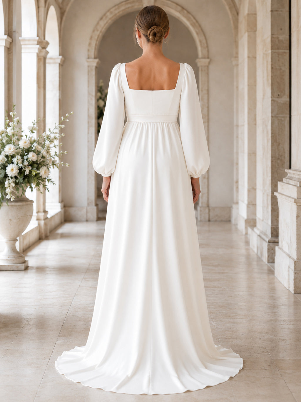 Maternity Square Cowl Neck Long Poet Sleeve Satin A-Line Wedding Dress back view