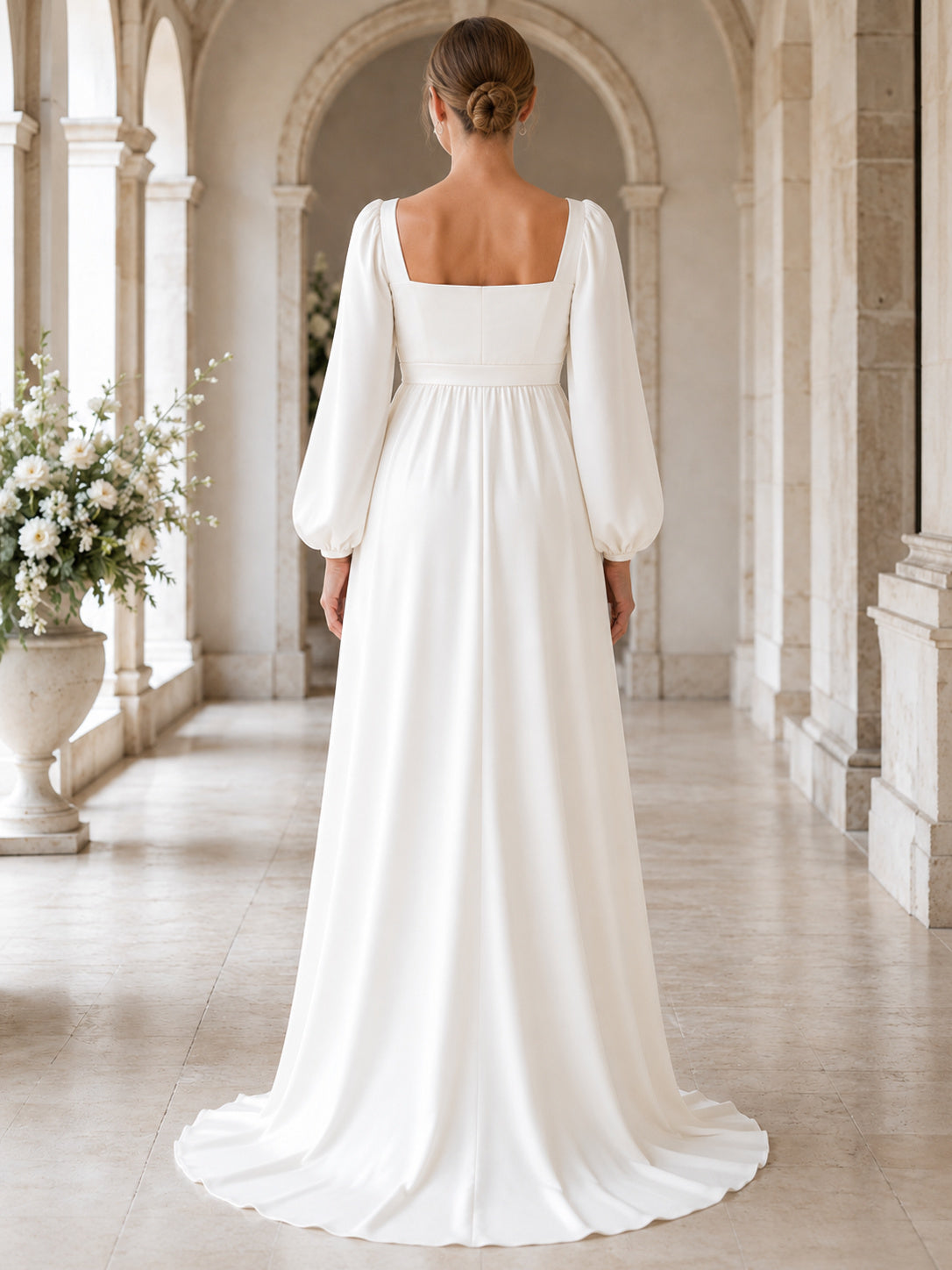 Maternity Square Cowl Neck Long Poet Sleeve Satin A-Line Wedding Dress back view