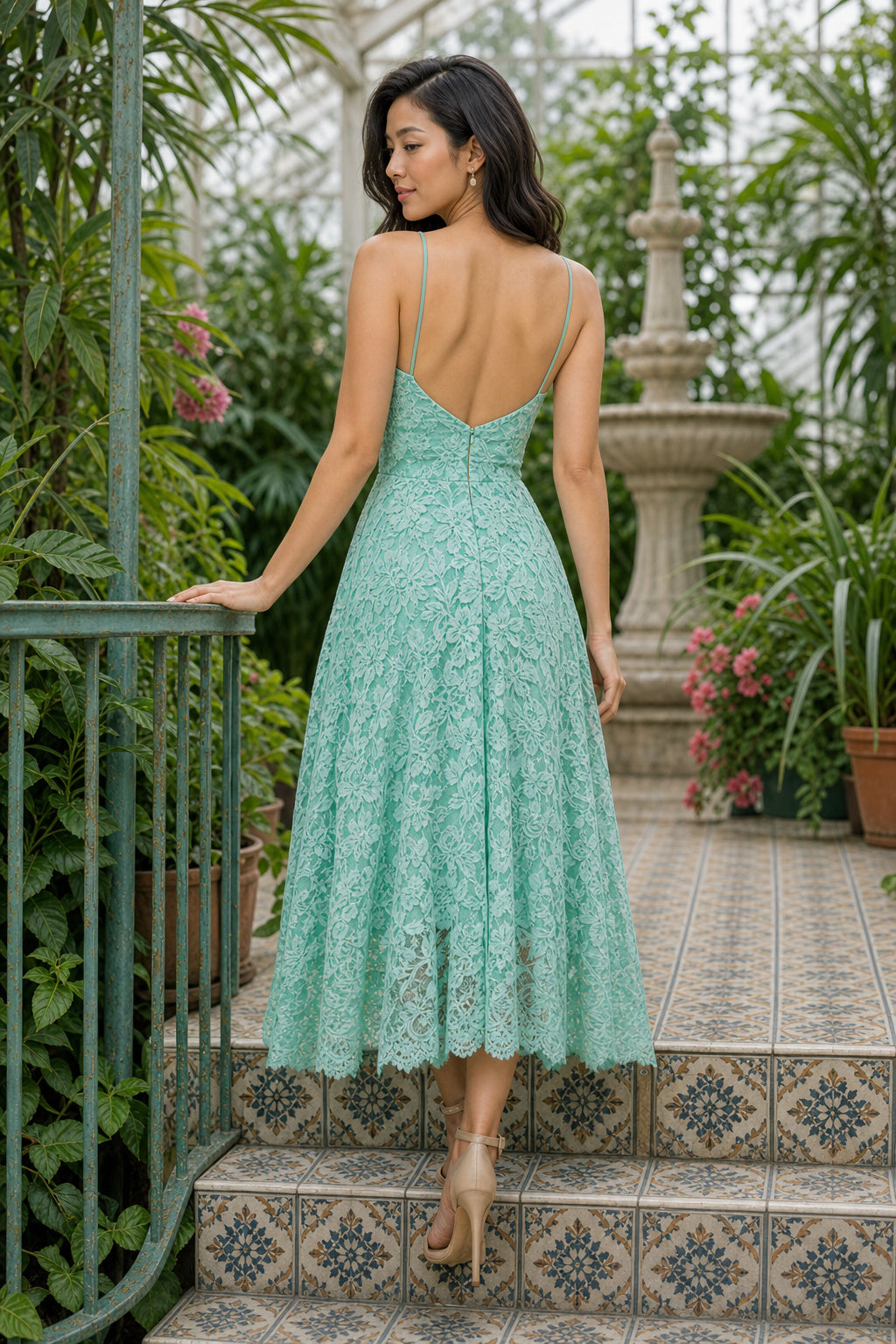 Aqua V-neck Spaghetti Strap A-Line Lace Tea-Length Dress With Open Back