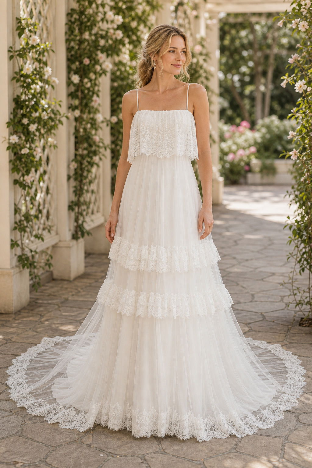 White Spaghetti Strap Ball Gown Tulle Floor-length Wedding Dress With Tiered Skirt and Lace Hem and Open Back