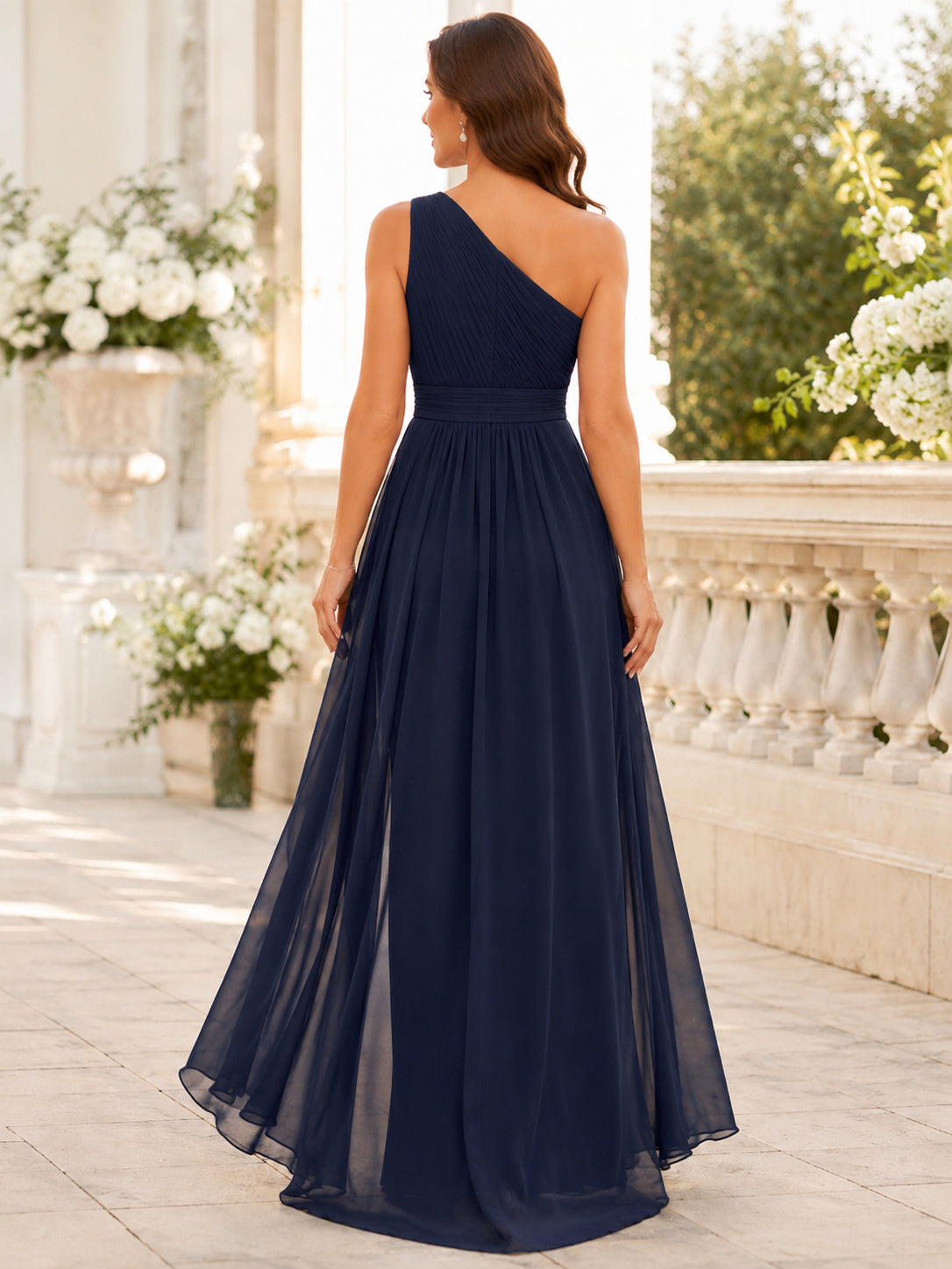 Navy One Shoulder Chiffon Floor Length A Line Formal Dress back view